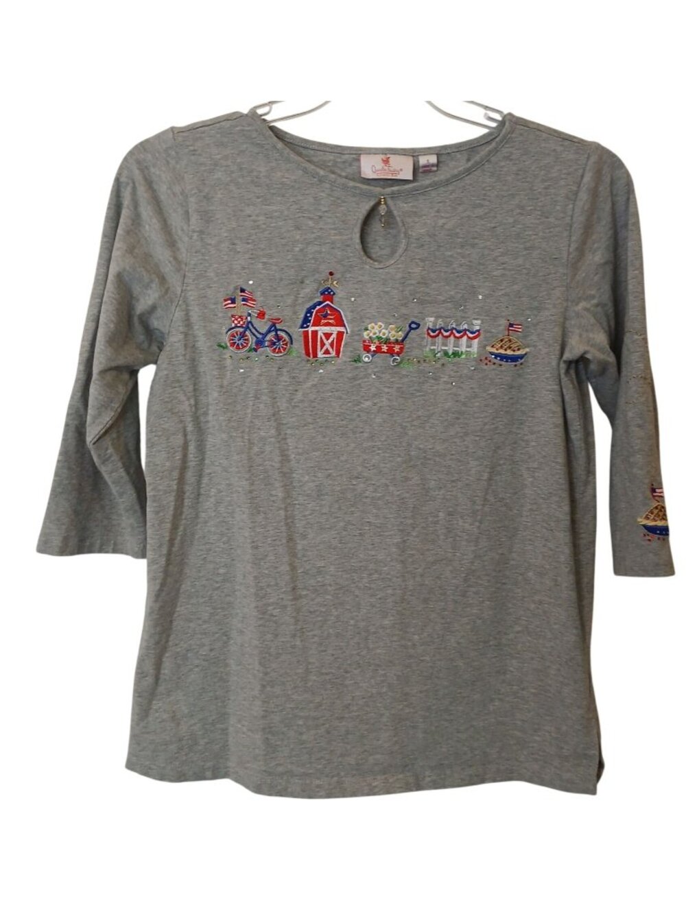 Quacker Factory By Jeanne Bice Top Sz Small Gray Americana Embroidered #D-20